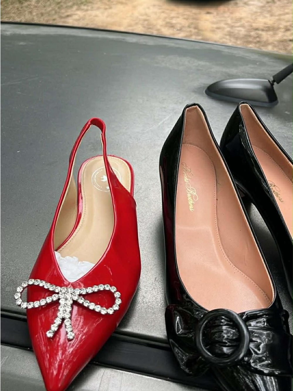 Red Patent Slingback Pointed Toe Flats with Crystal Bow retailing as a pair,